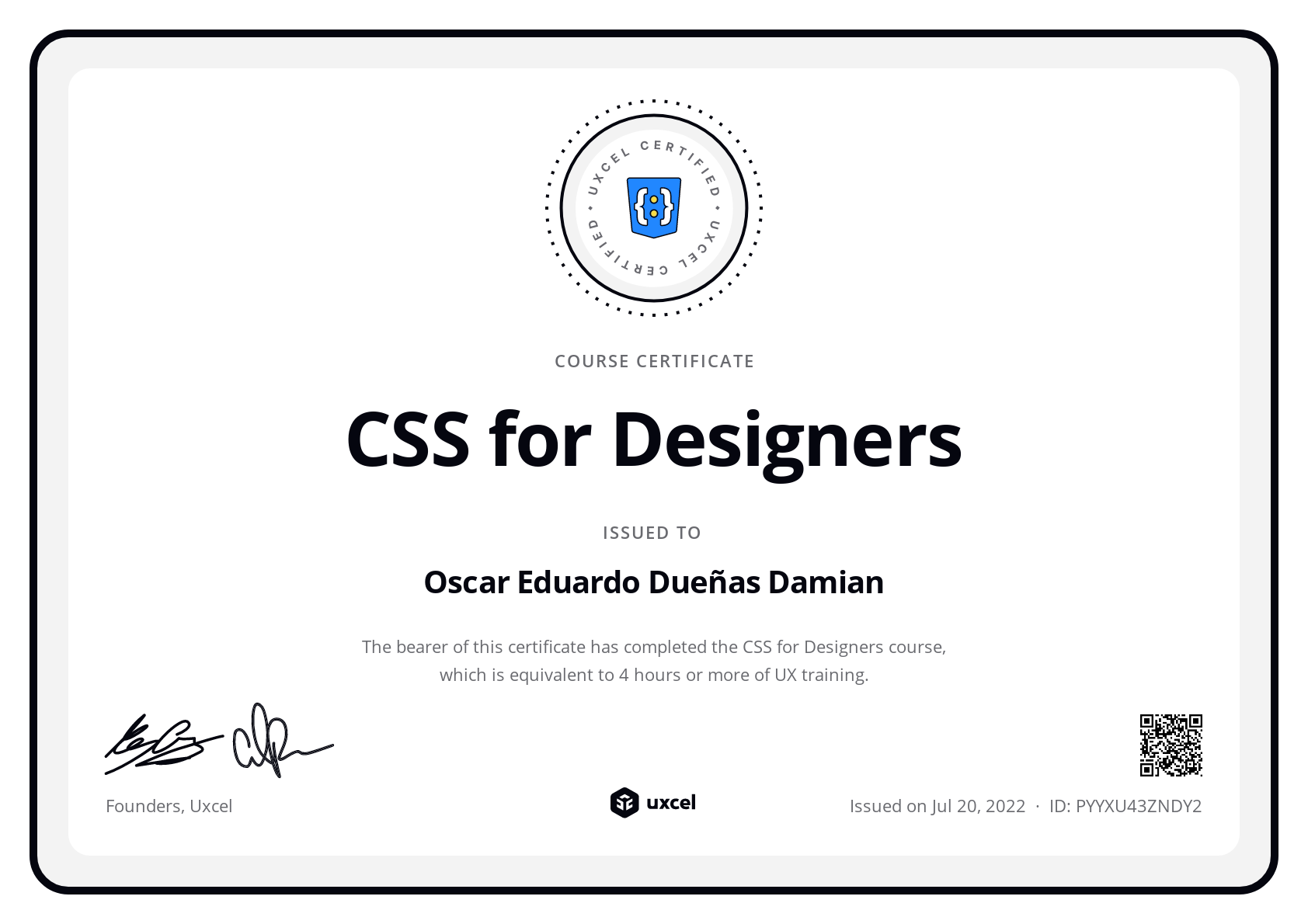 Oscar Eduardo Dueñas Damian's certificate